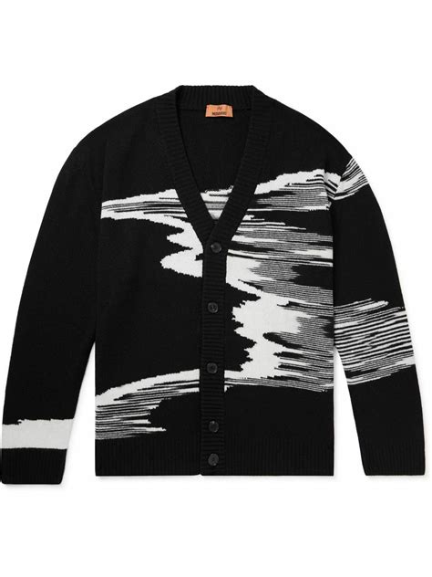 Wool jacquard cardigan with intarsia in black 